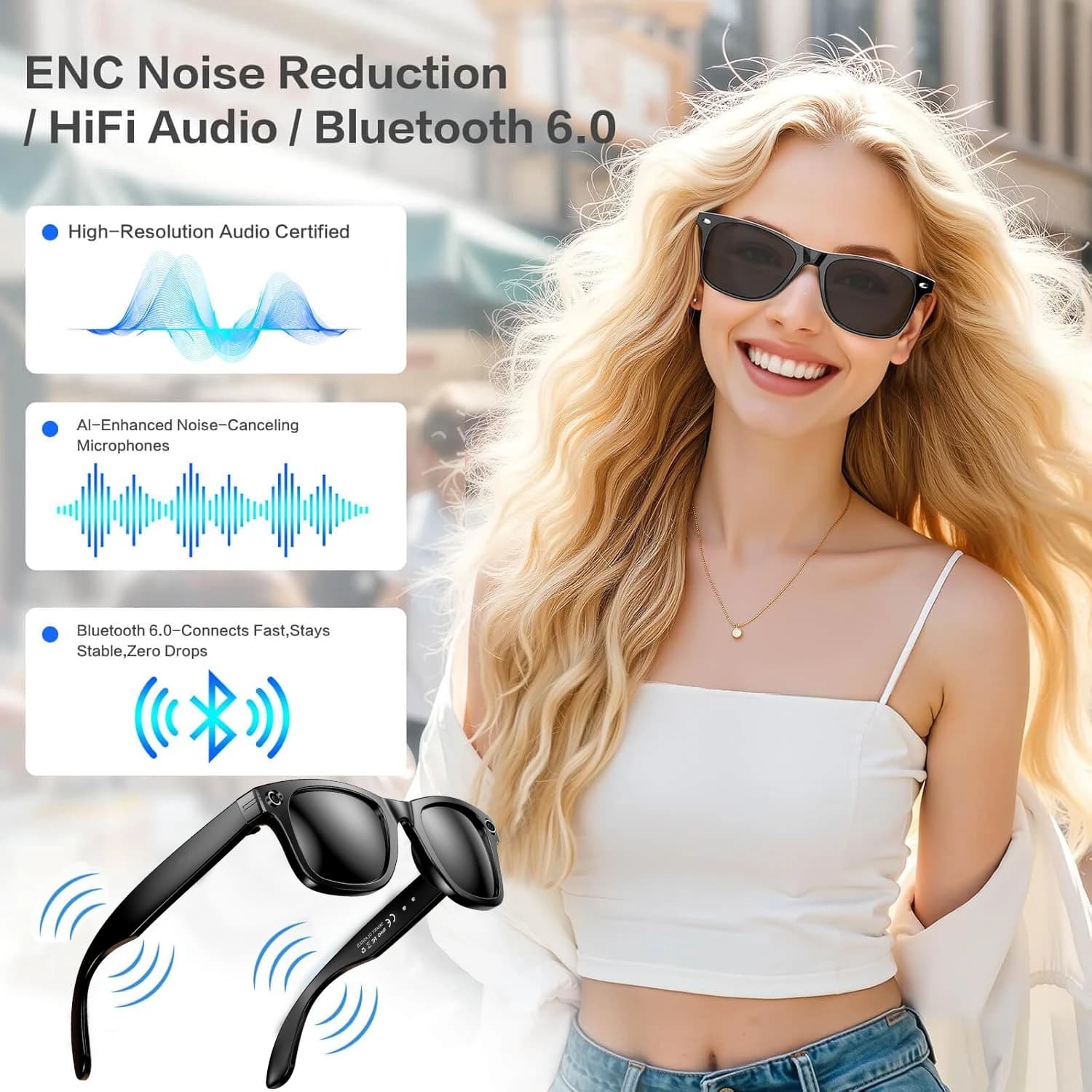 Smart glasses with lenses showing colour-changing photochromic effect