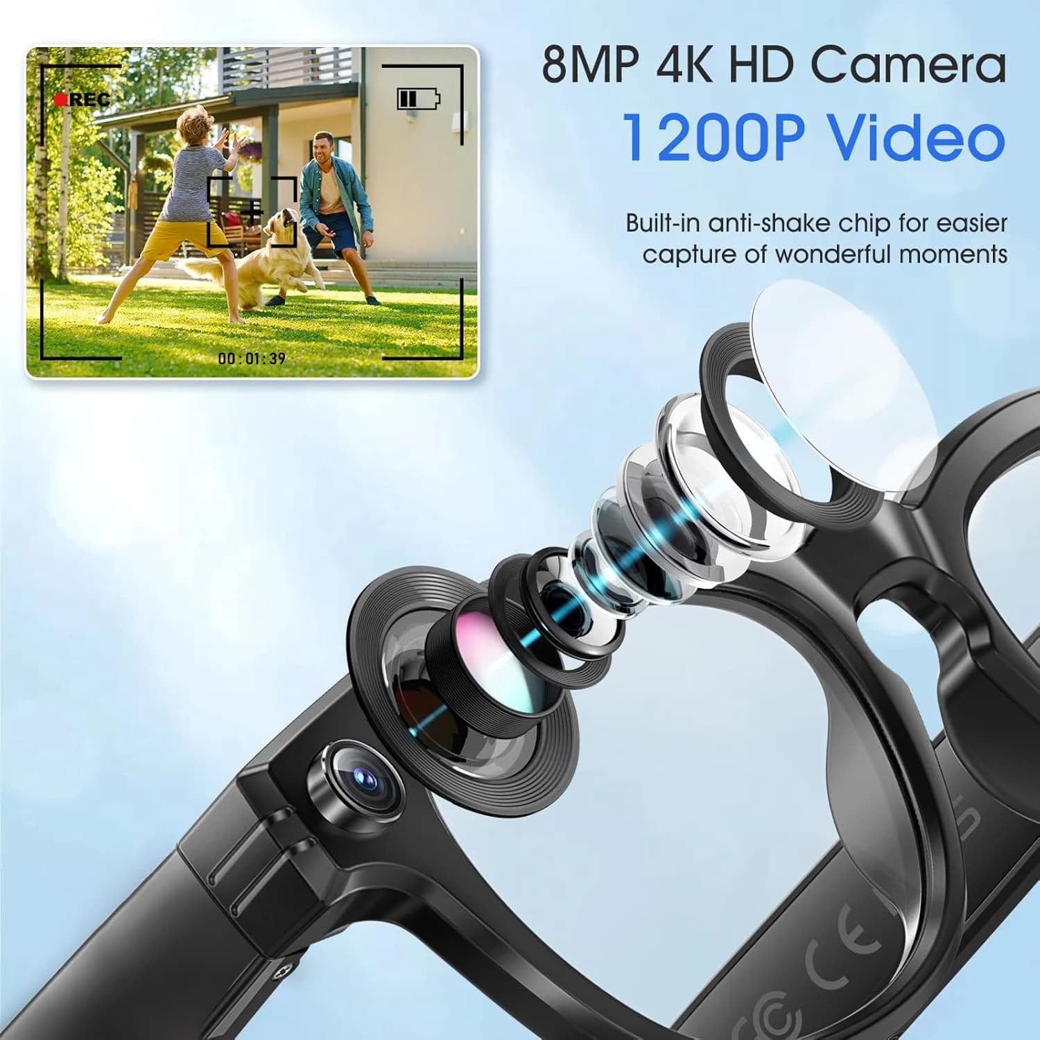Side profile of smart AI glasses showing camera lens and touch controls