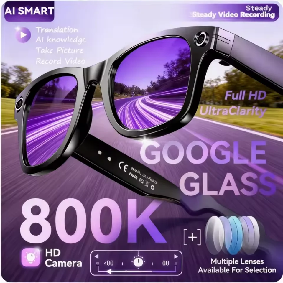 Smart AI glasses with 800W camera and colour-changing lenses on a dark background