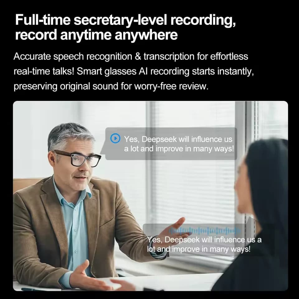 Smart AI glasses shown in multiple frame colours and lens options