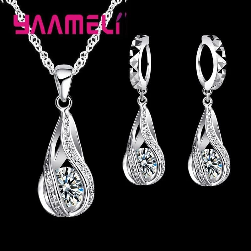 Hot Water Drop CZ 925 Sterling Silver Plated Jewelry Set