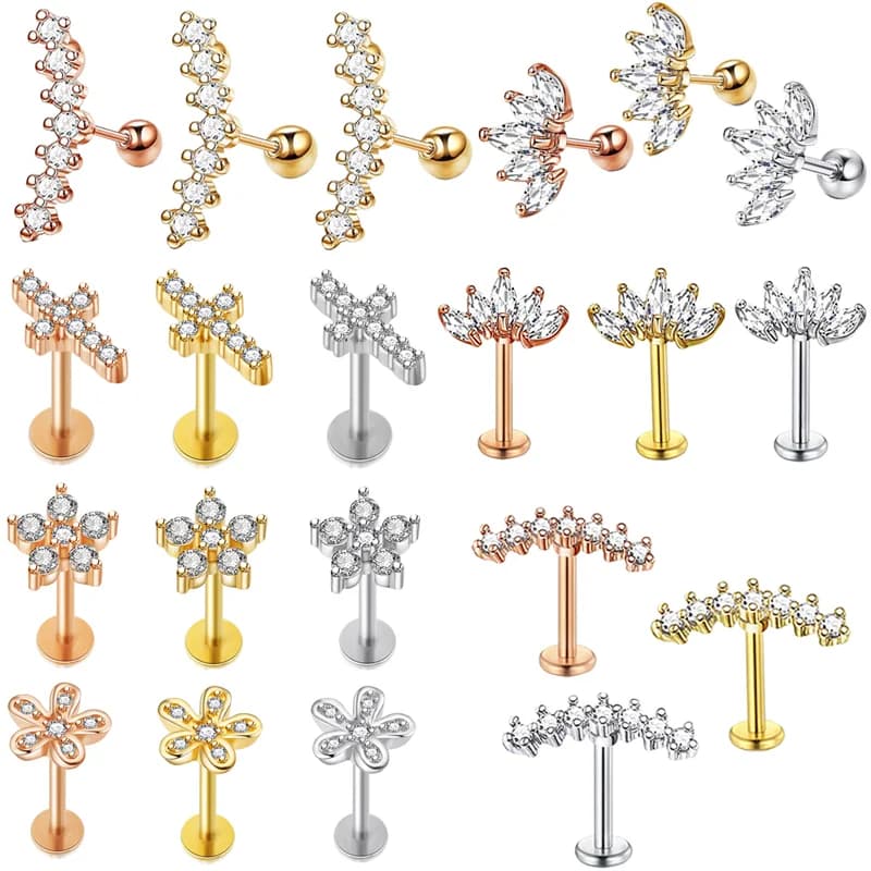 Crystal Flower Tragus Piercing Earring Flat 16G Cross