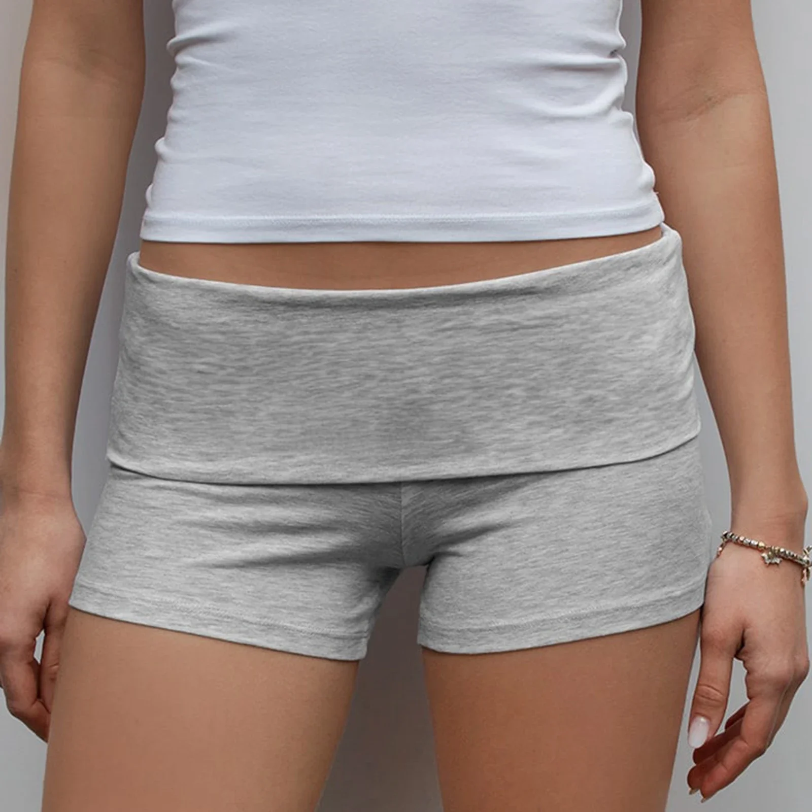Summer Slim Yoga Shorts Women Casual Solid Color Fold Over