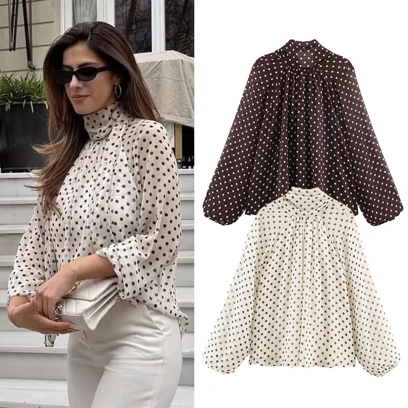 Women Polka Dot Print Blouse Casual High Collar Long
