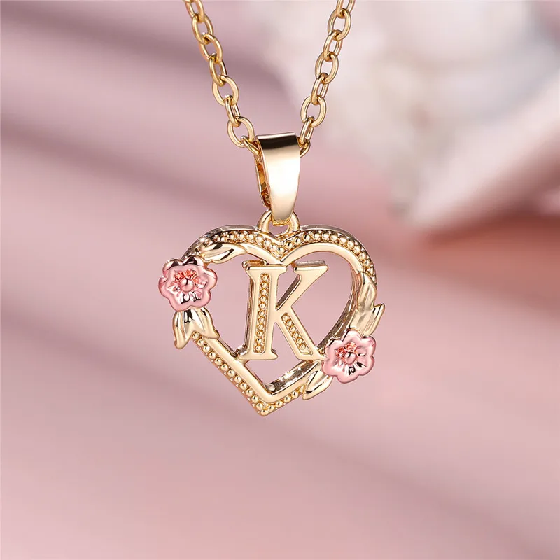 Female A-Z Letter Flower Pendant Necklace Yellow Gold