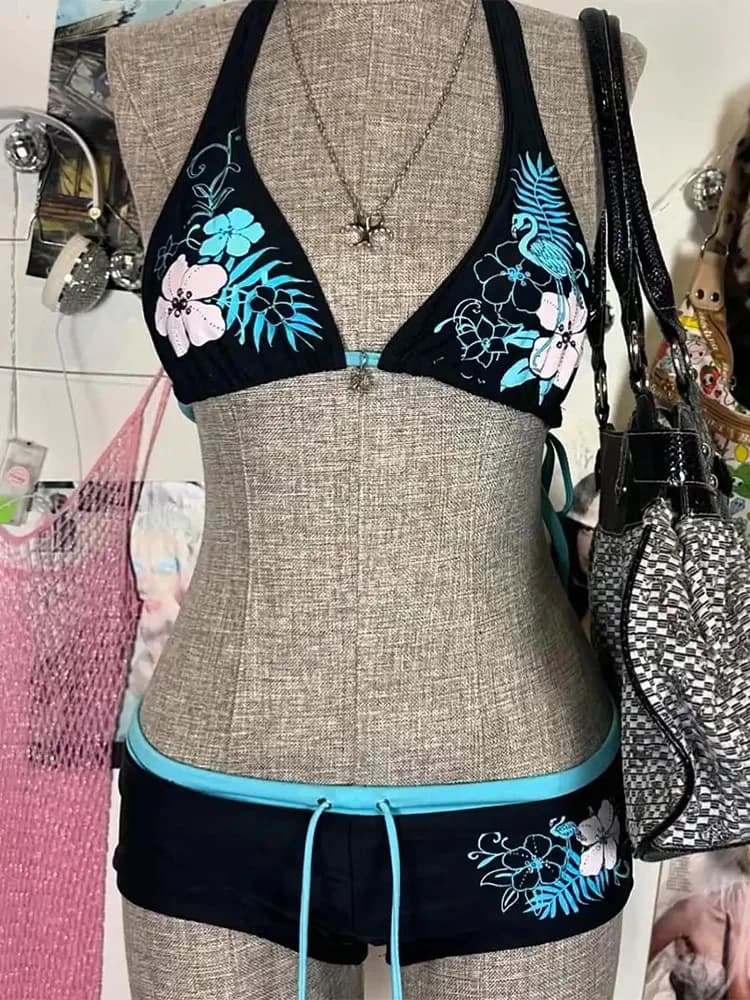 Vintage Flower print Cutie set Bikini 2000s Swimsuit Sexy