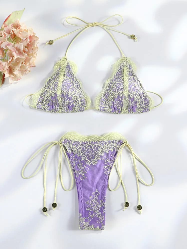 Sexy Hollow Lace Bikinis Patchwork Swimsuit Women Bathing