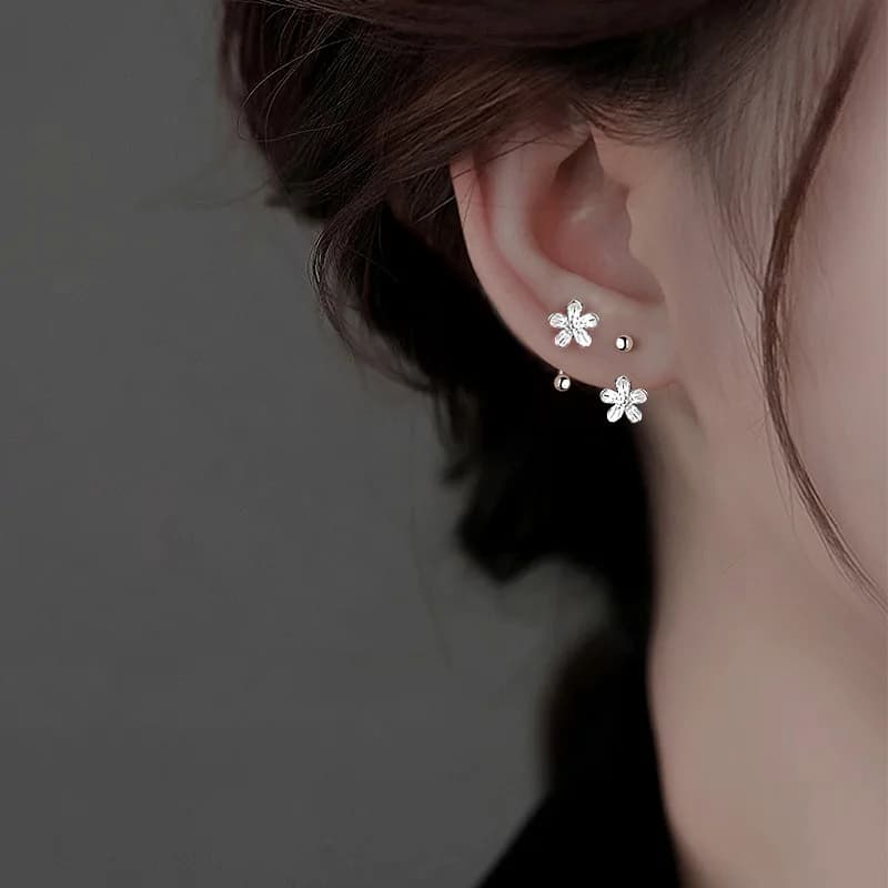 Silver Color Flower Screw Puncture Stud Earrings for Women