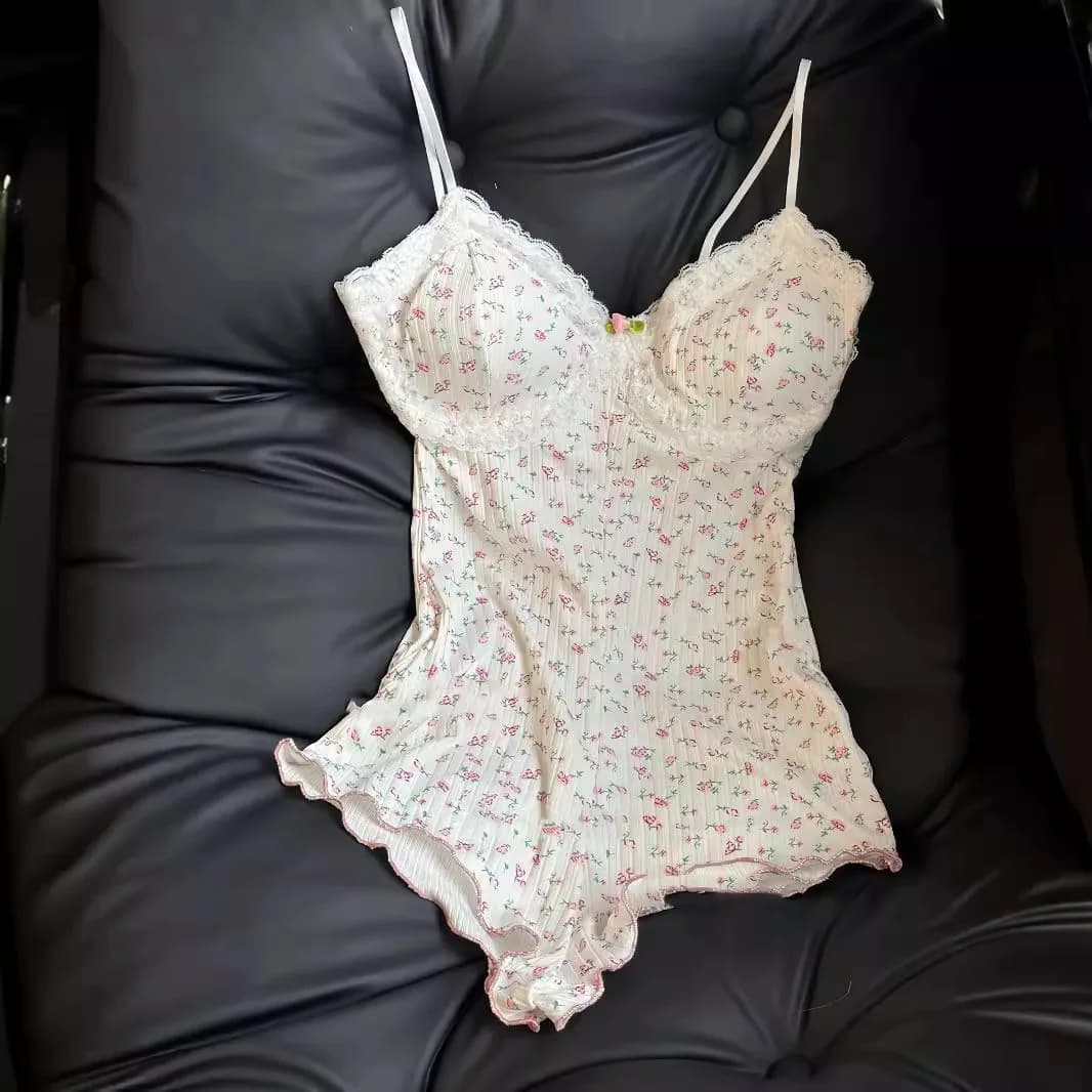 Women Sexy Floral Print Bodysuit Lace Trim Sleeveless Slim