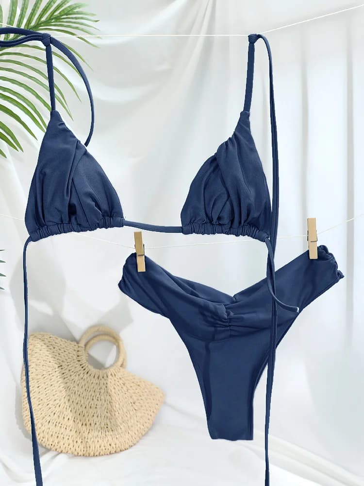 Sexy Folds Bikini Set Solid Micro Bikinis Women Swimsuit
