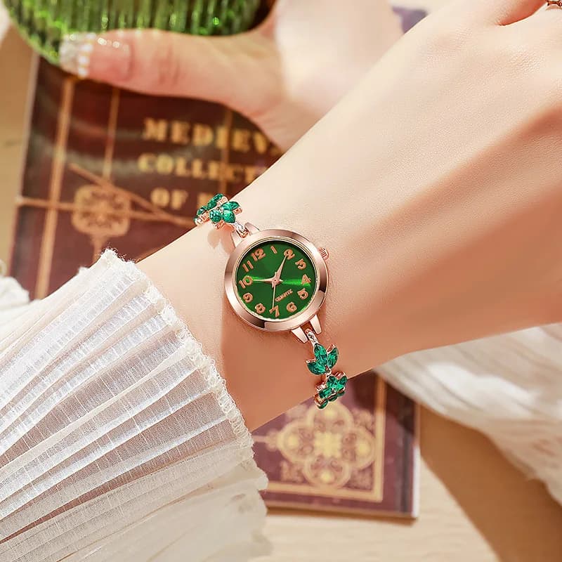 Side angle view of the bracelet watch showing the clasp mechanism and band thickness