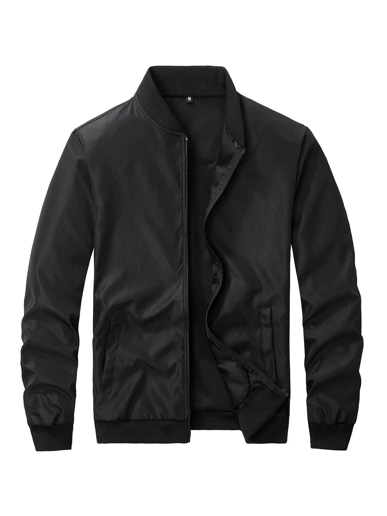 Side profile of the baseball collar jacket showing the stand collar silhouette and sleeve length