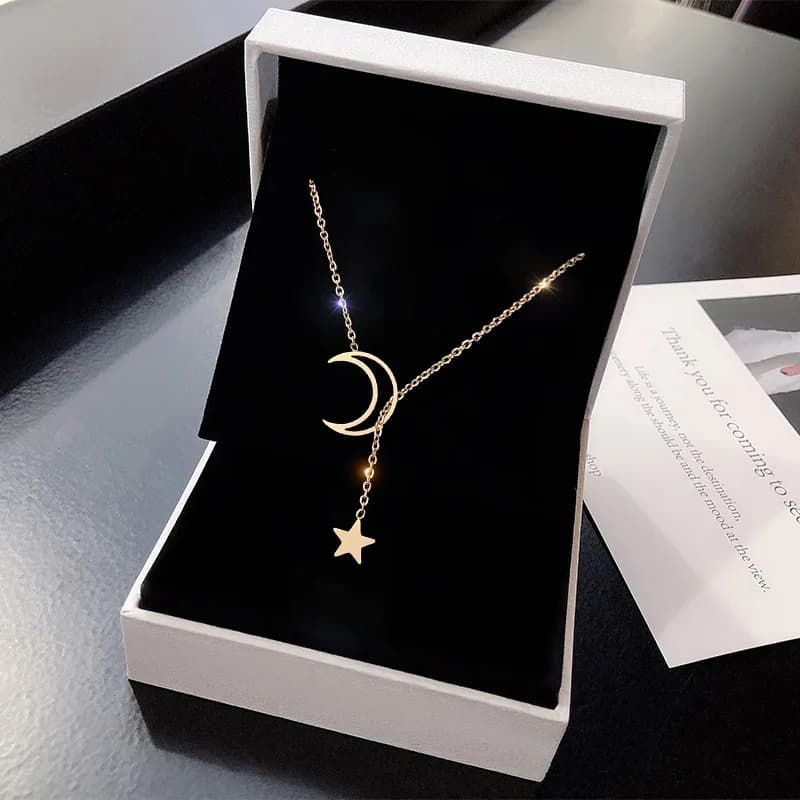 Moon and star pendant choker necklace in gold colour alloy