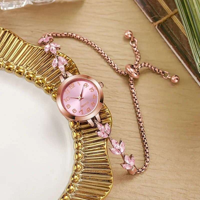 Close-up detail of the rhinestone bracelet watch band showing the crystal settings and link pattern