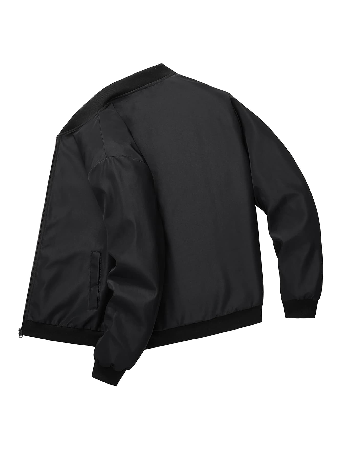 Close-up detail of the baseball collar jacket showing the zip closure and collar structure