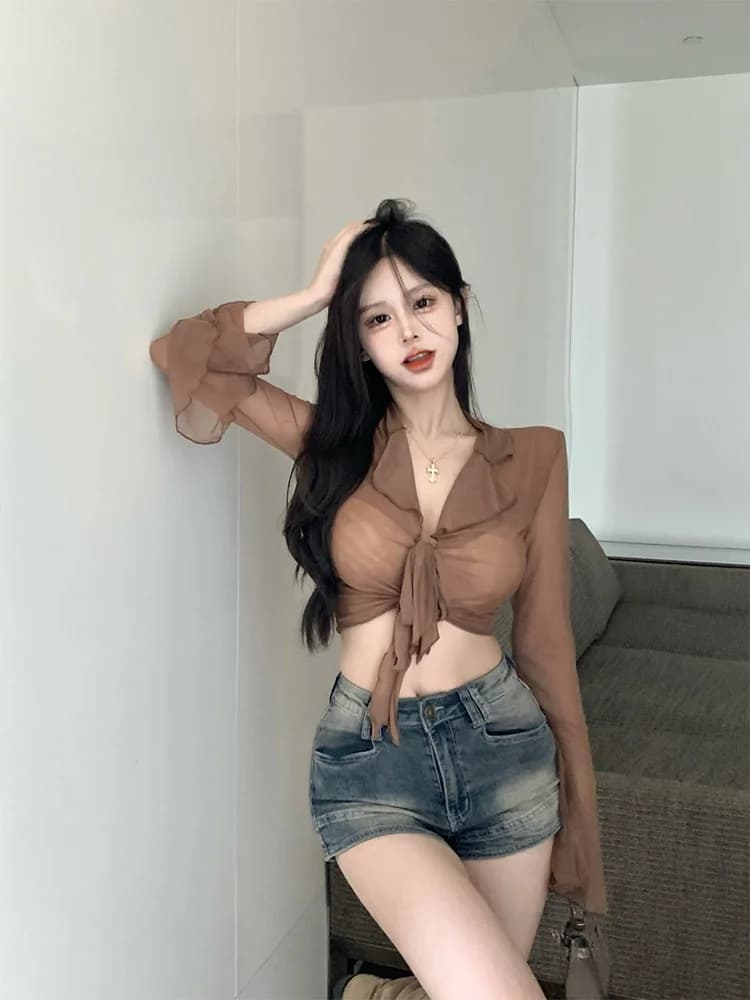 Long Flare Sleeve Blouses for Women Lace-up Mesh Sexy