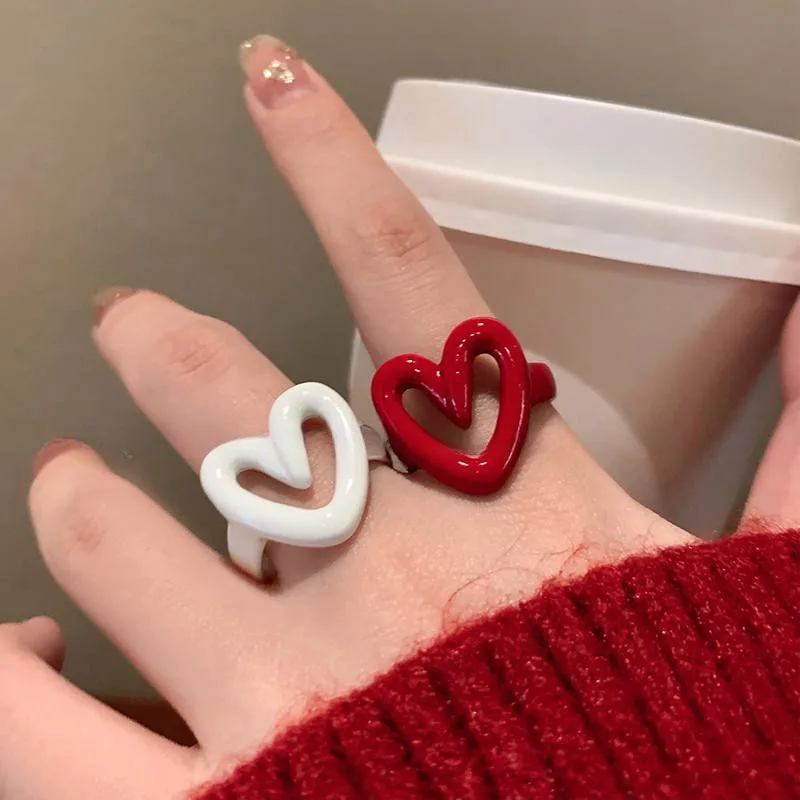 LATS White Red Enamel Heart Sweet Ring for Women Girls