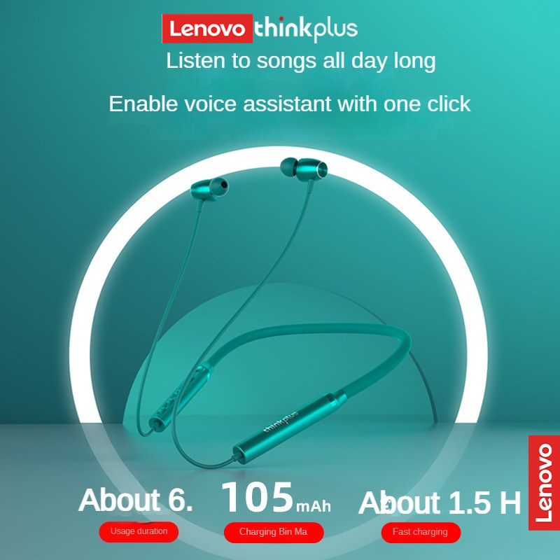 Close-up of Lenovo HE05XII magnetic earbuds attached to neckband