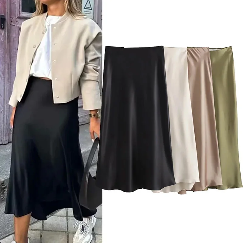 Willshela Black Satin Skirt Woman High Waist Elegant Long