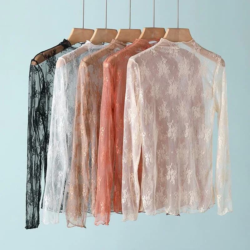 New Women Floral Lace Shirt Spring Autumn Long Sleeve Sexy