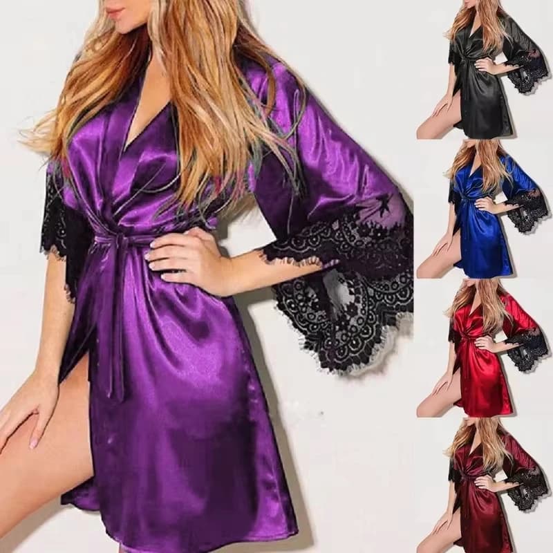 Women Night Gown Robe with G String Floral Lace Bathrobe