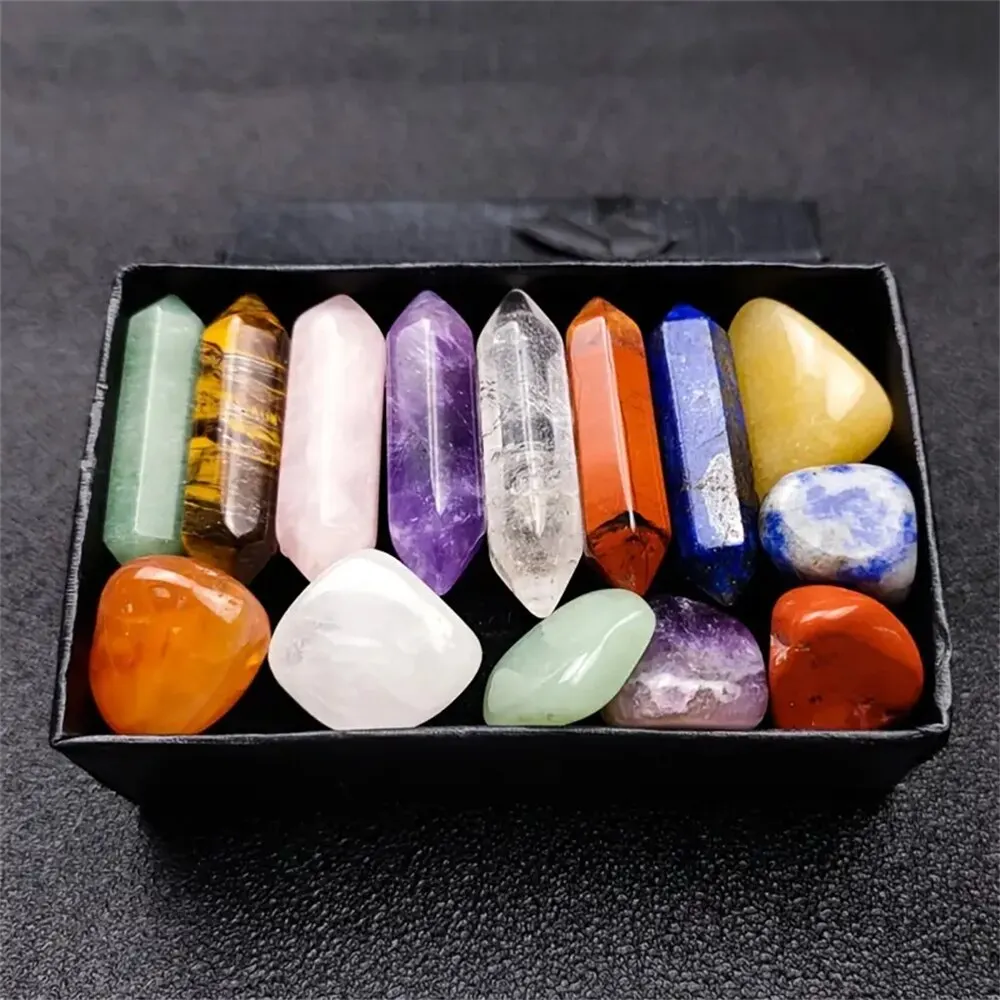 14pcs Natural Stone Chakra Crystal Column Set Color DIY