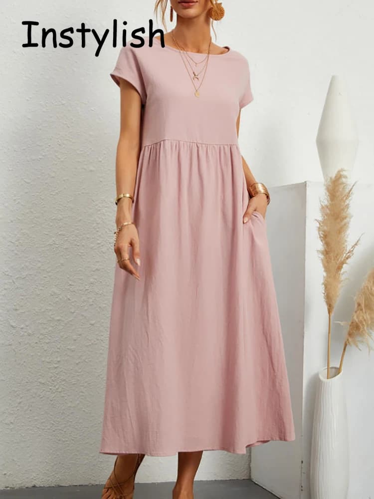Women Elegant Solid Maxi Dress Summer Short Sleeve O Neck