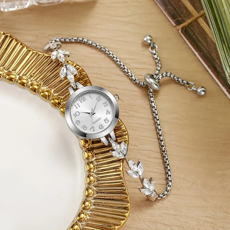 The watch face and bracelet shown together on a display stand, highlighting the overall proportions