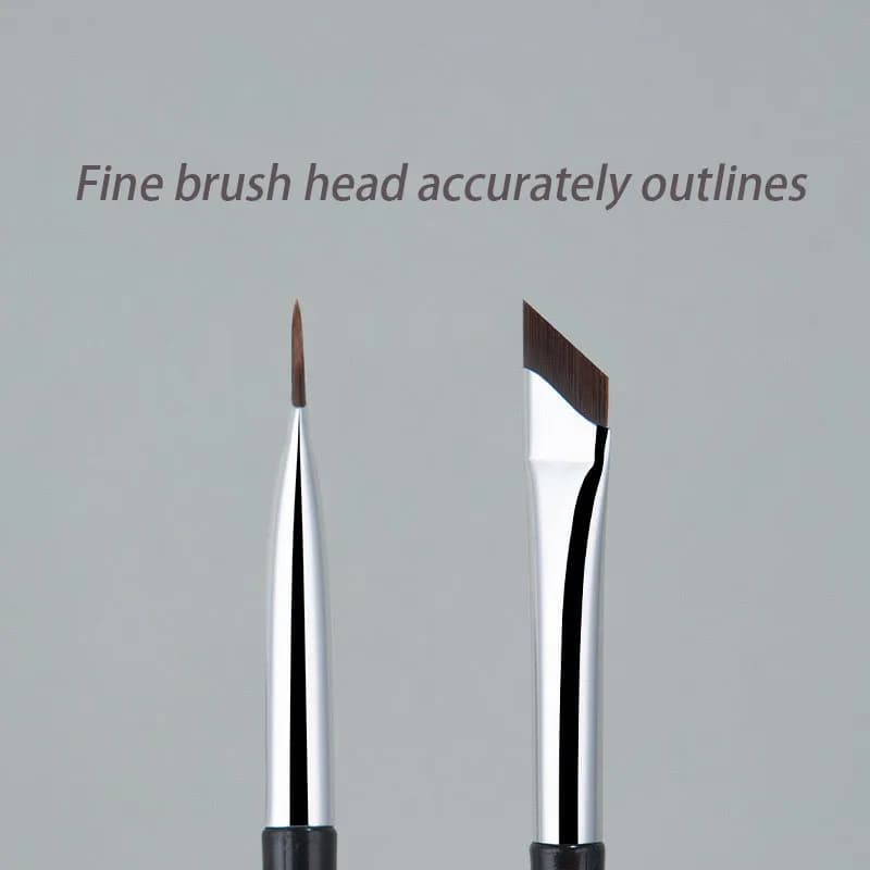 Full-length view of angled makeup brush showing handle grip and tip profile
