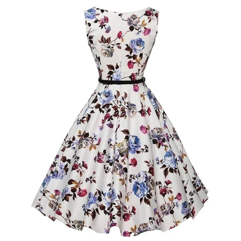 Back view of the floral swing dress showing the flared skirt silhouette
