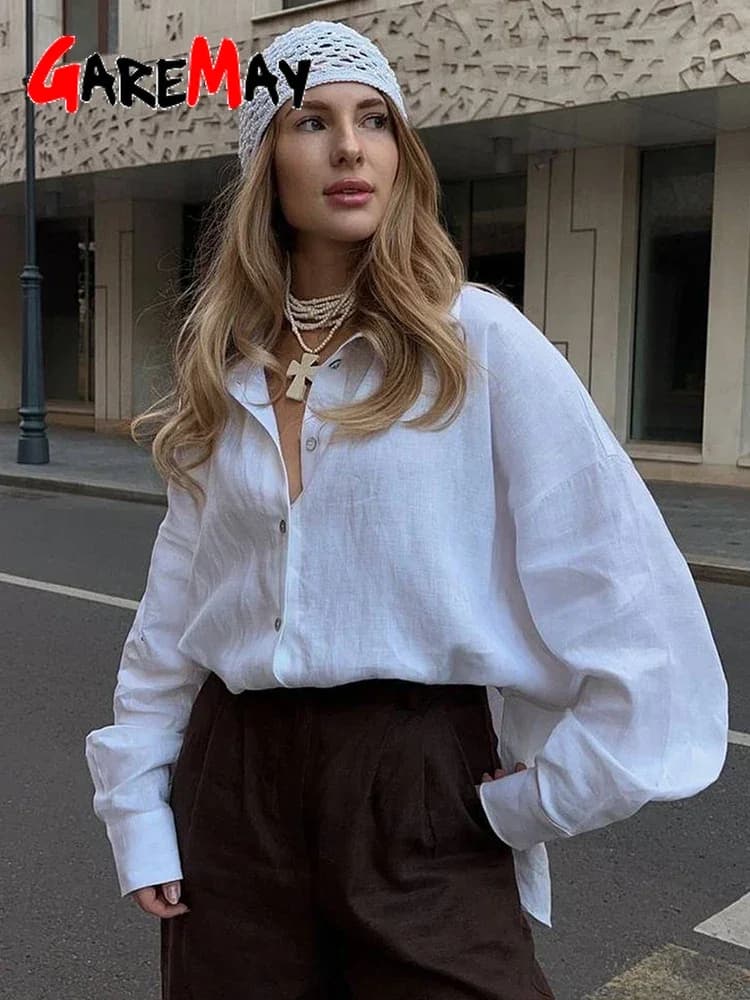 White Women's Linen Shirt Long Sleeve Elegant Pink