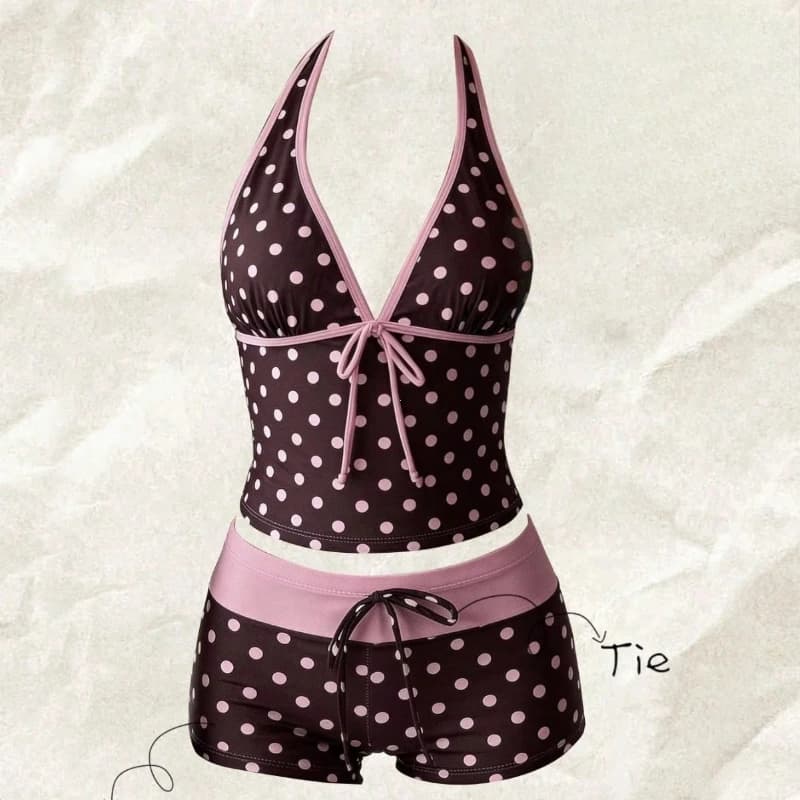 Women Swimwears Polka Dot 2-Piece Tankini Set Halter V