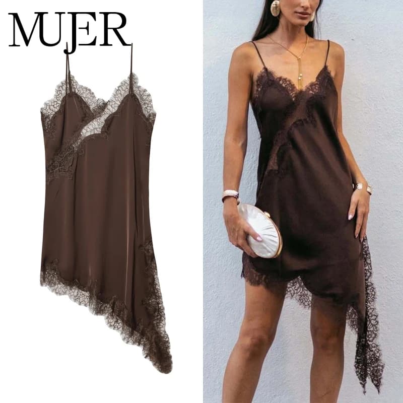 MUJER Lace Slip Mini Dress Women Satin Backless Summer
