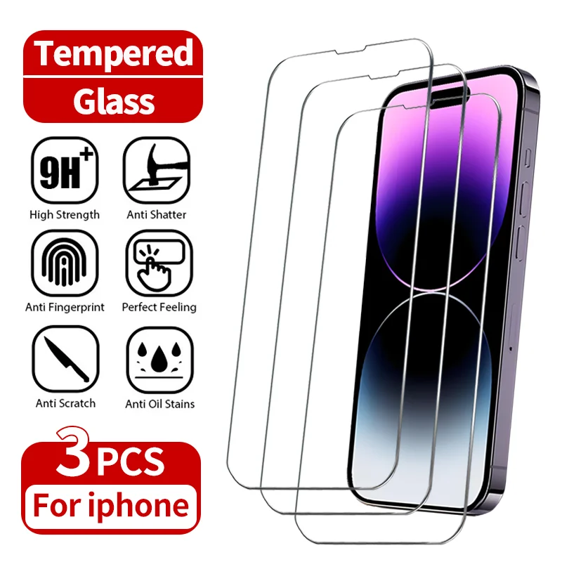 3Pcs Tempered Glass For iPhone 15 14 13 12 11 Pro Max Mini