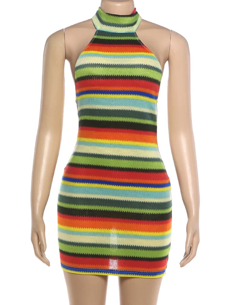 Kliou dress - detail showing the stripe patchwork on the green colour variant