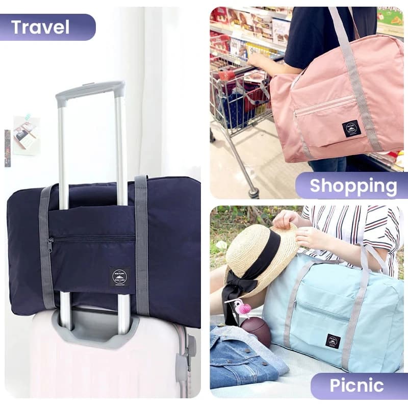 The duffel bag folded flat and next to a suitcase for size comparison