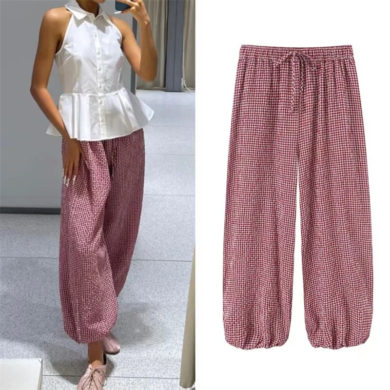 Women's Long Pants 2026 Summer New Style Red Plaid Drawstring Lantern 