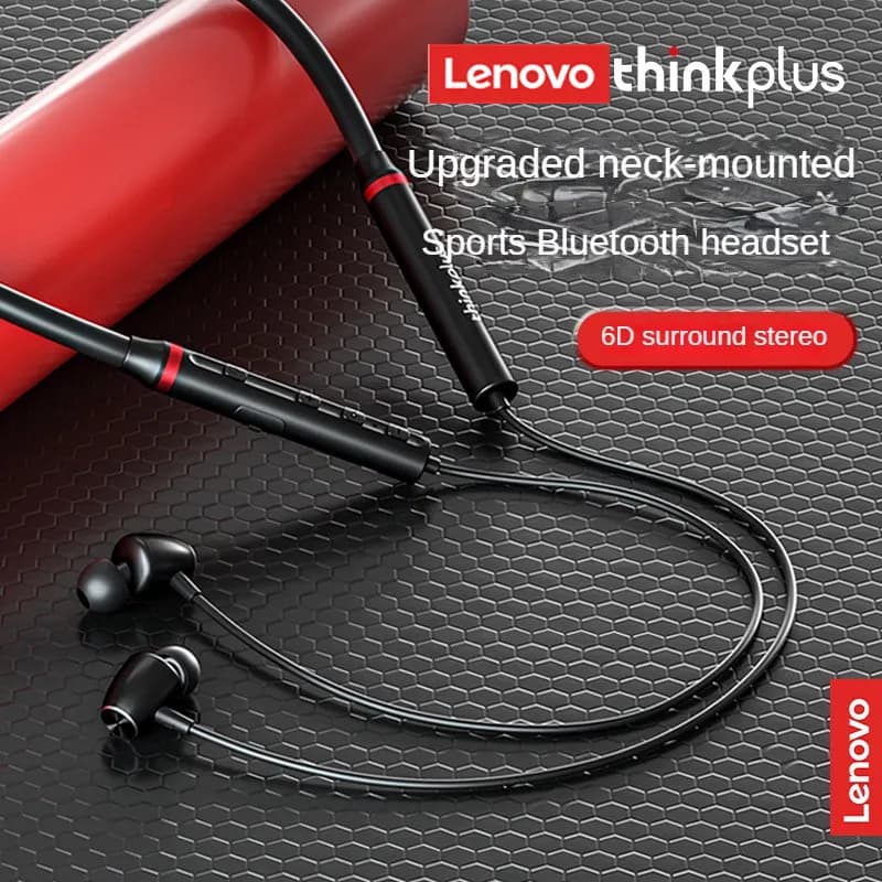 Lenovo HE05XII in black worn around the neck with magnetic earbuds clipped