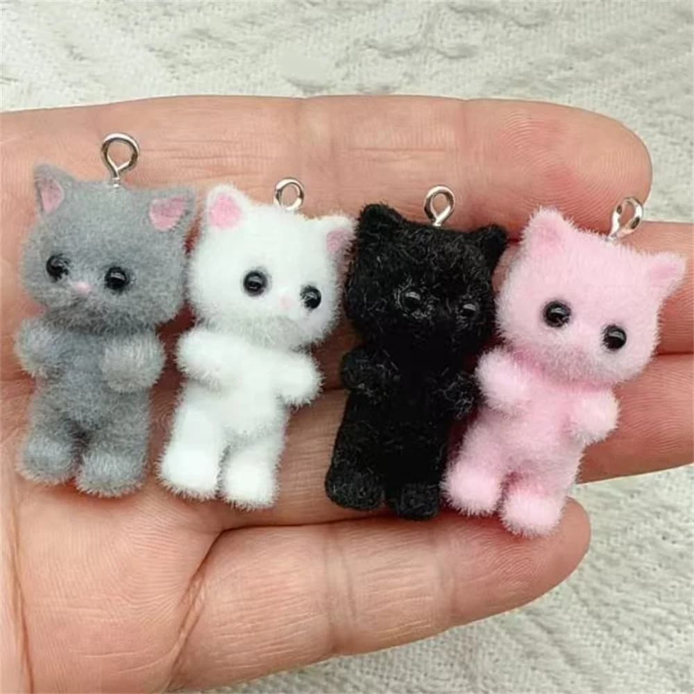 4pcs Kawaii 3D Fluffy Flocking Resin Cat Animal Charms