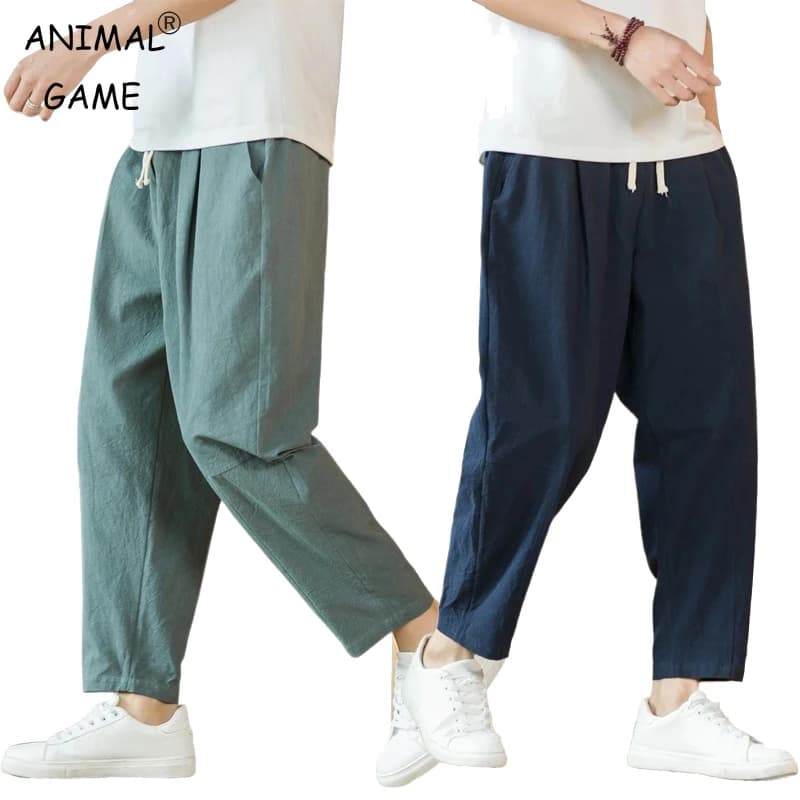 New Cotton Linen Mens Pants Casual Solid Color Breathable