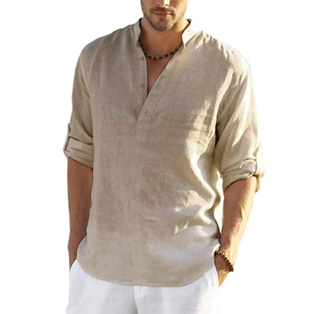 New Men's Casual Blouse Cotton Linen Shirt Loose Tops Long