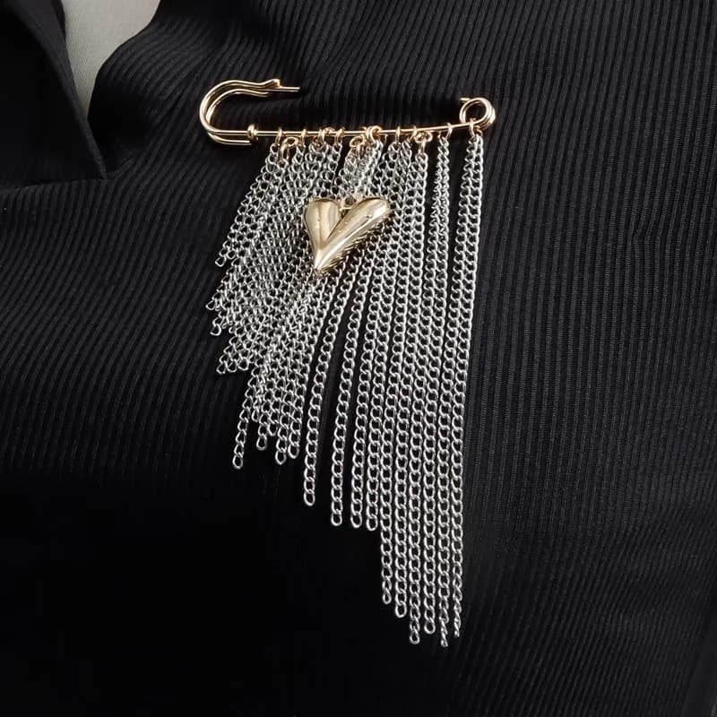 Metal Heart Tassel Brooch Exaggerated Silver Color Pearl