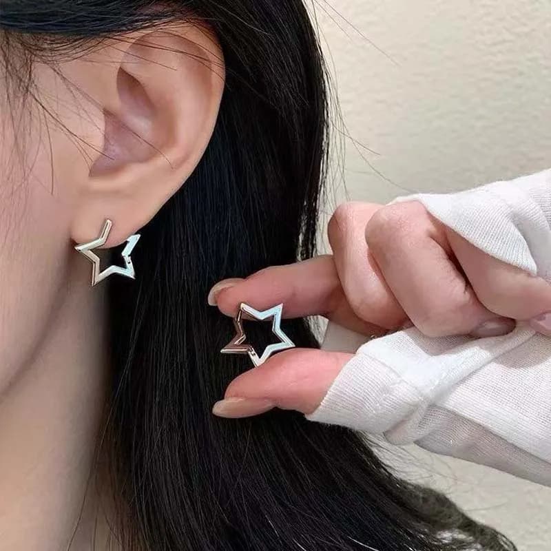 Silver Color Pentagram Stud Earrings Simple Metal Hollow