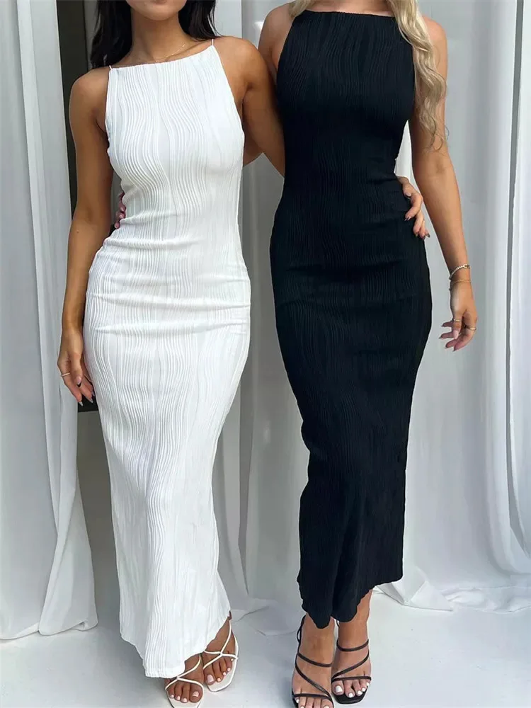 Sexy Women Long Dress Ruched Sleeveless Slim Solid Summer
