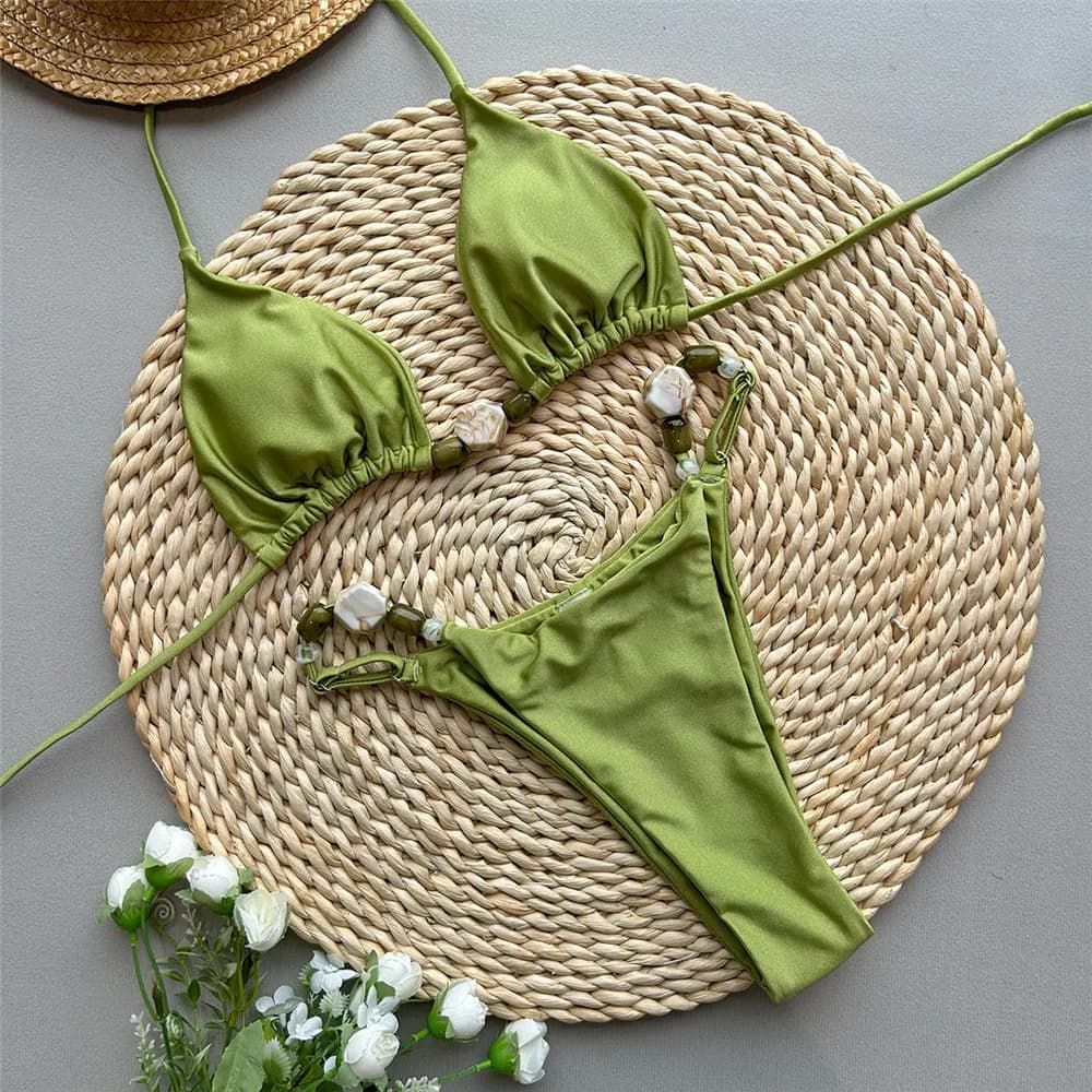 Solid Green Swimwears Sexy Halter Triangle Bead String