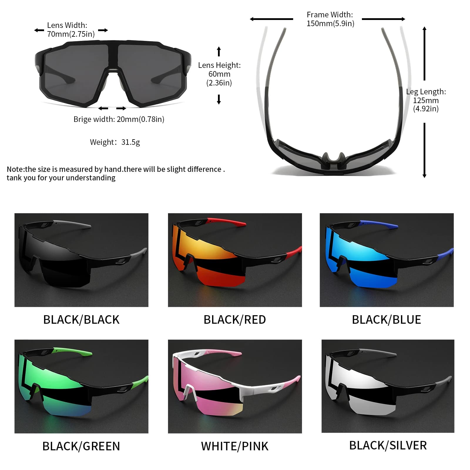 Multiple colour options of oversized sports sunglasses displayed