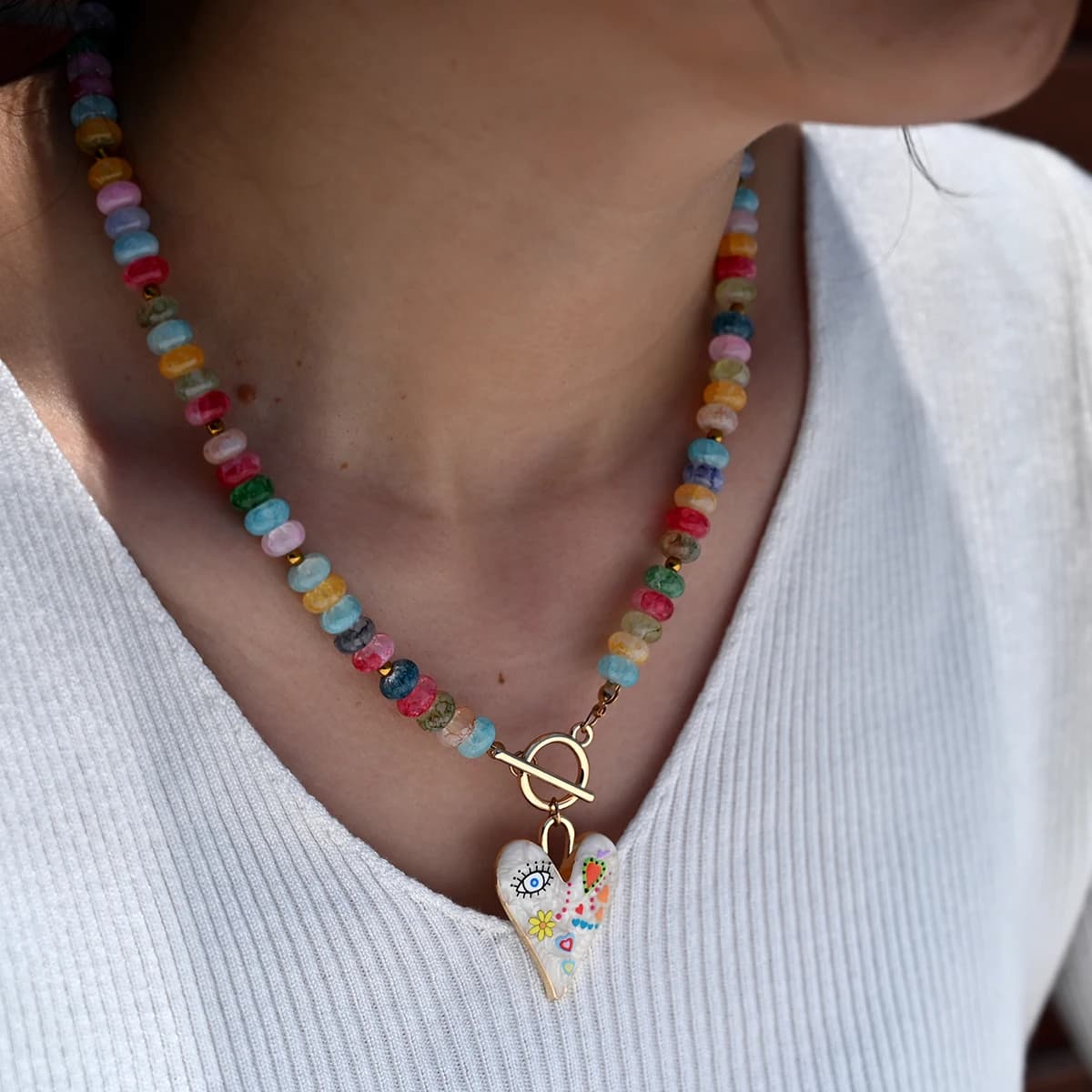 Colorful Glass Beads Heart Pendant Necklace for Women