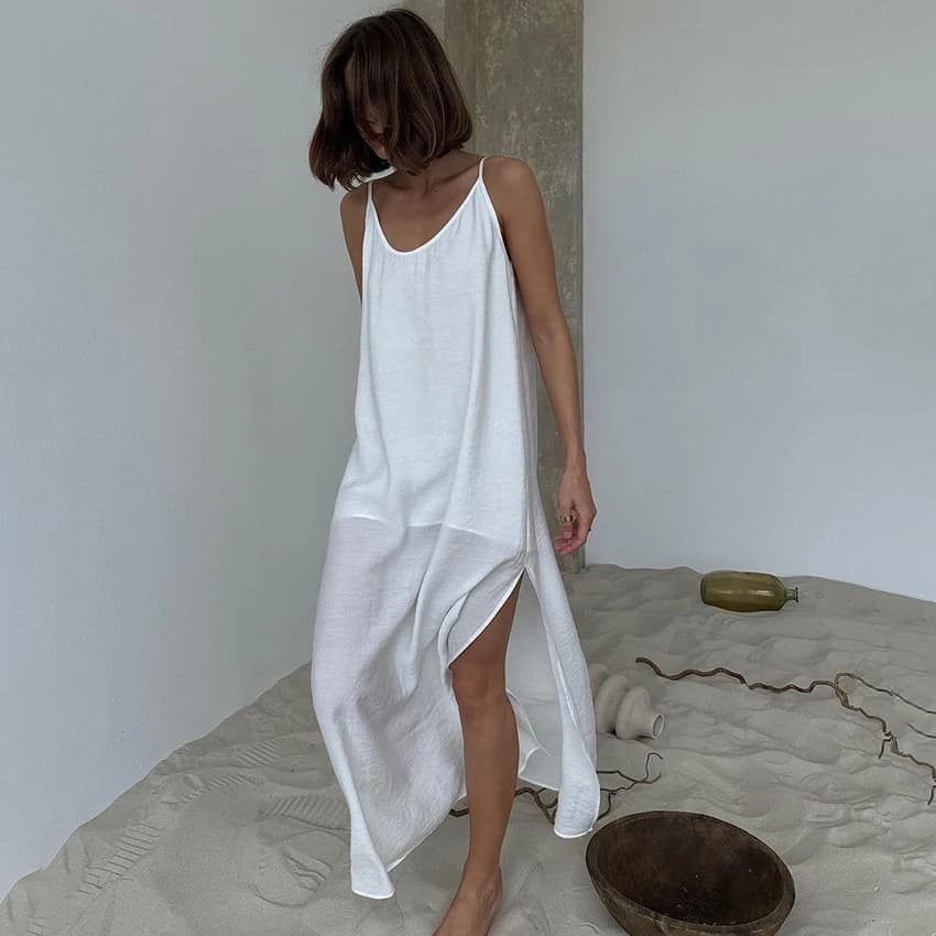 HiLoc Loose White Long Dress Robe V Neck Dresses