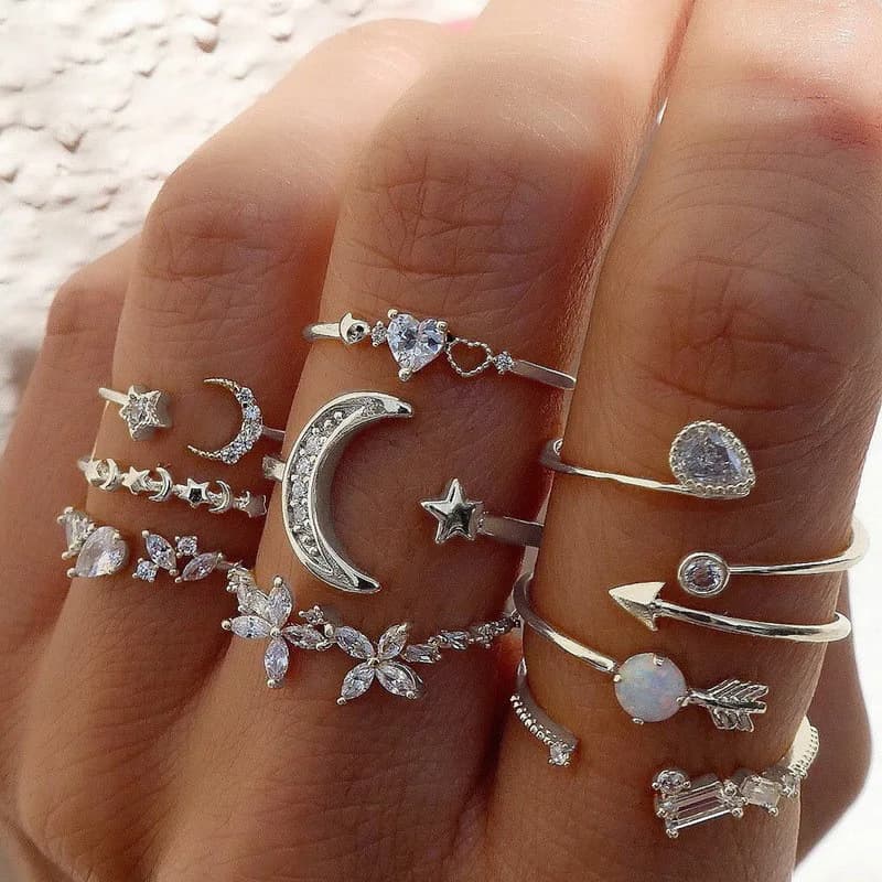 Silver Color Crystal Rings Set for Women, Cubic Zirconia