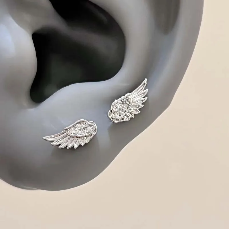 Silver Color Zircon Wing Stud Earrings Shiny Crystal